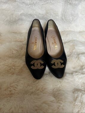 Chanel Black Leather Studded CC Logo Heels